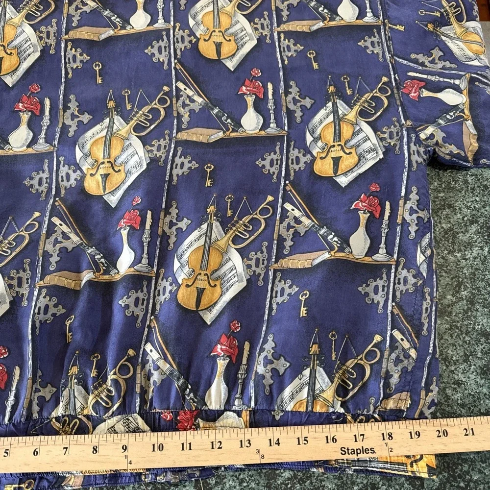 VTG Silk Road 100% Silk Track Jacket Women's M Musical Instruments Abstract  80s